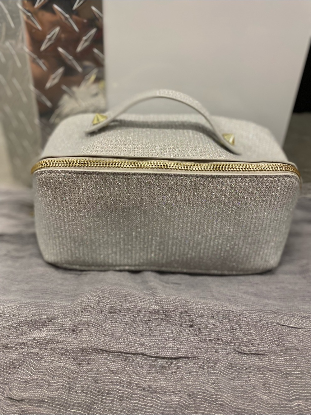 Silver Sparkle Top-Handle Cosmetic Case - Women's Bag
